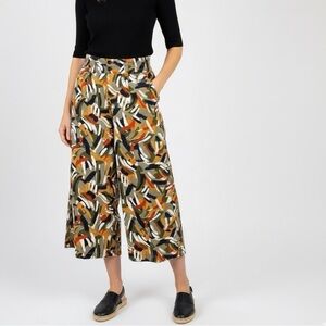 Multi Coloured Brush Stroke Patterned Wide Leg Cropped Cotton Pants Size S